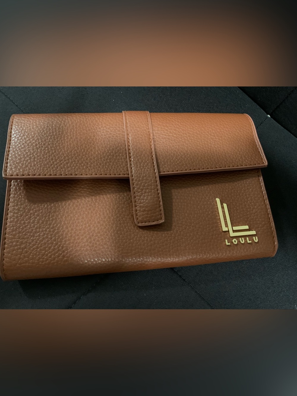 Loulu Tan Pebbled Leather Clutch with Gold Logo